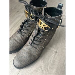 Michael Kors Women's Lace-Up Boots US7.5/24cm Leather Monogram Gold Mint